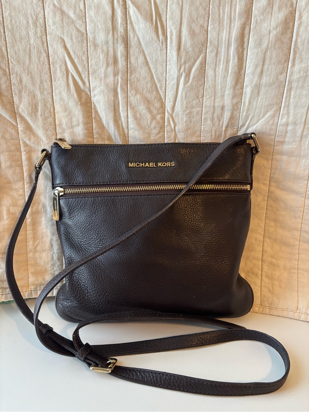 Michael Kors Black Pebbled Leather Messenger Bag with Gold Hardware